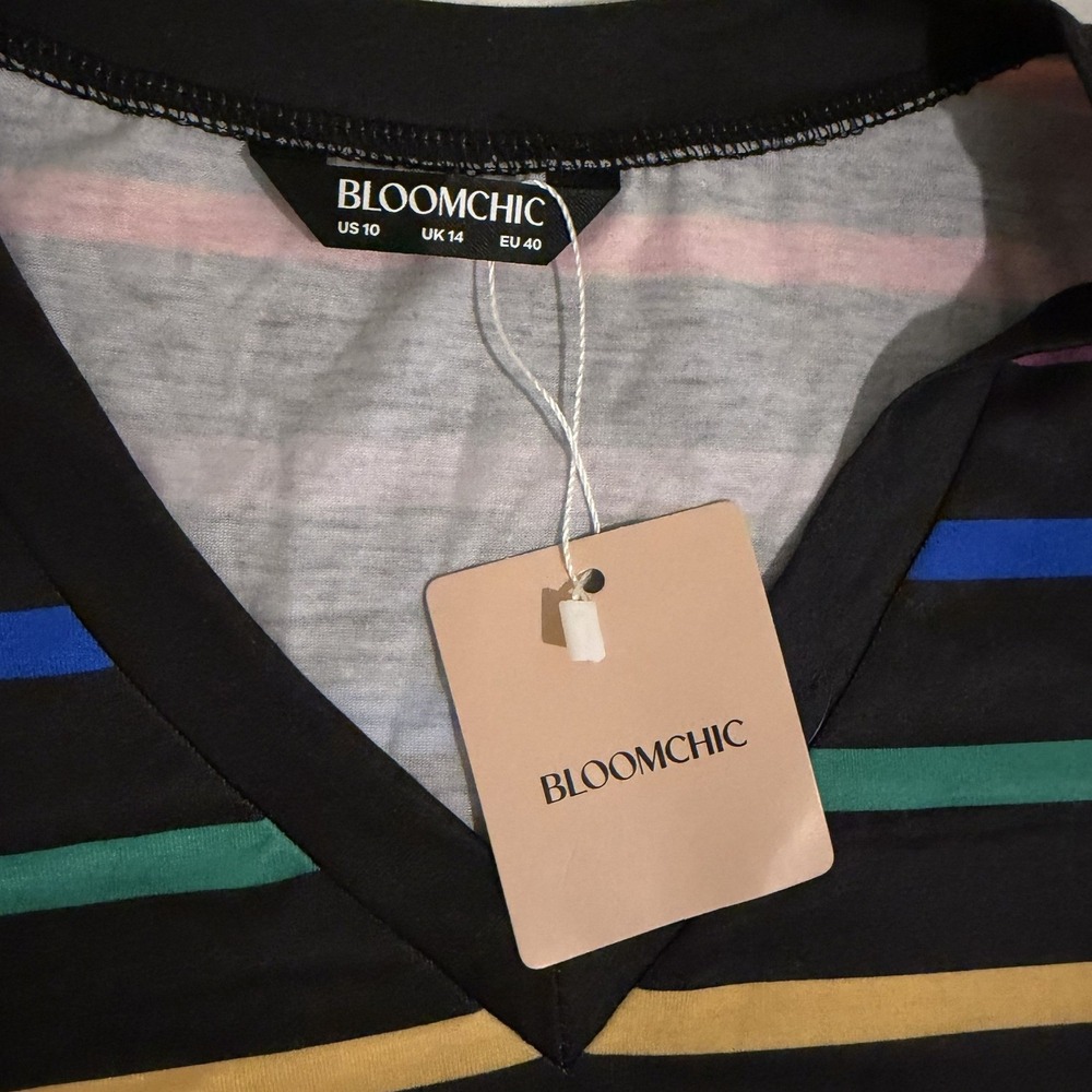 Bloomchic Rainbow Striped Babydoll Tunic Top V-Neck Short Sleeve US 10 NEW‎ - Picture 2 of 9